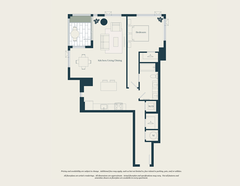 Floor plan for 1 bed, 1 bath, 918 sqft